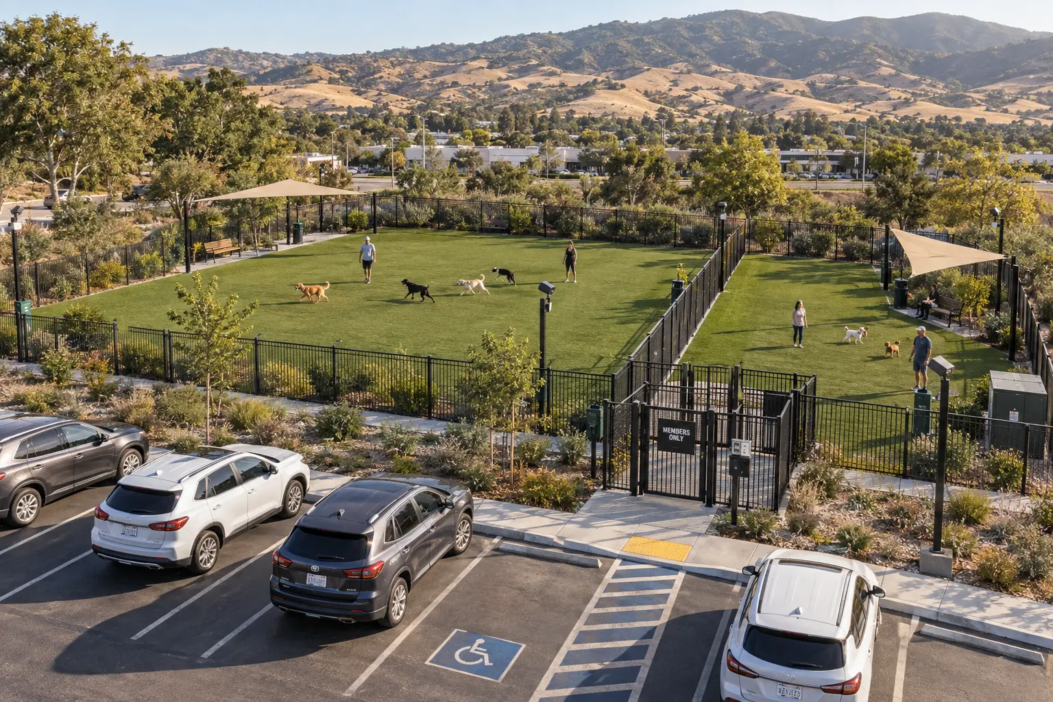 Concept rendering of separate large and small canine-turf play areas with shade, seating, secure fencing and a double-gated entrance
