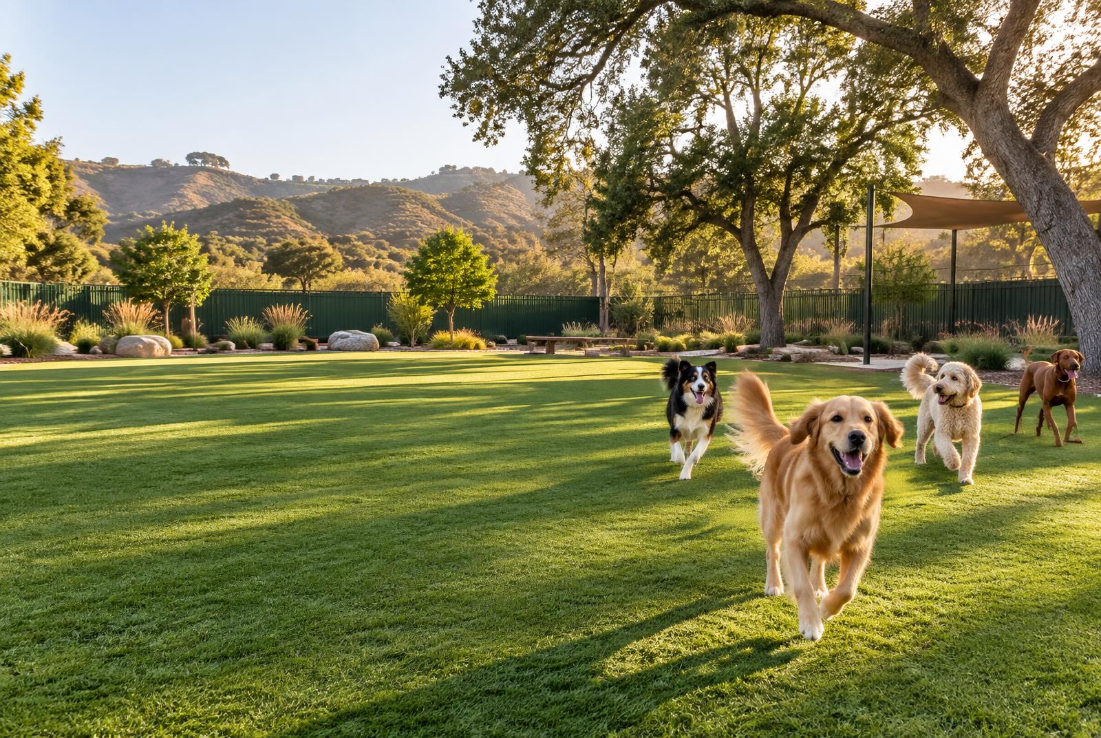 Dogs running across a spacious private dog park in the Conejo Valley hills