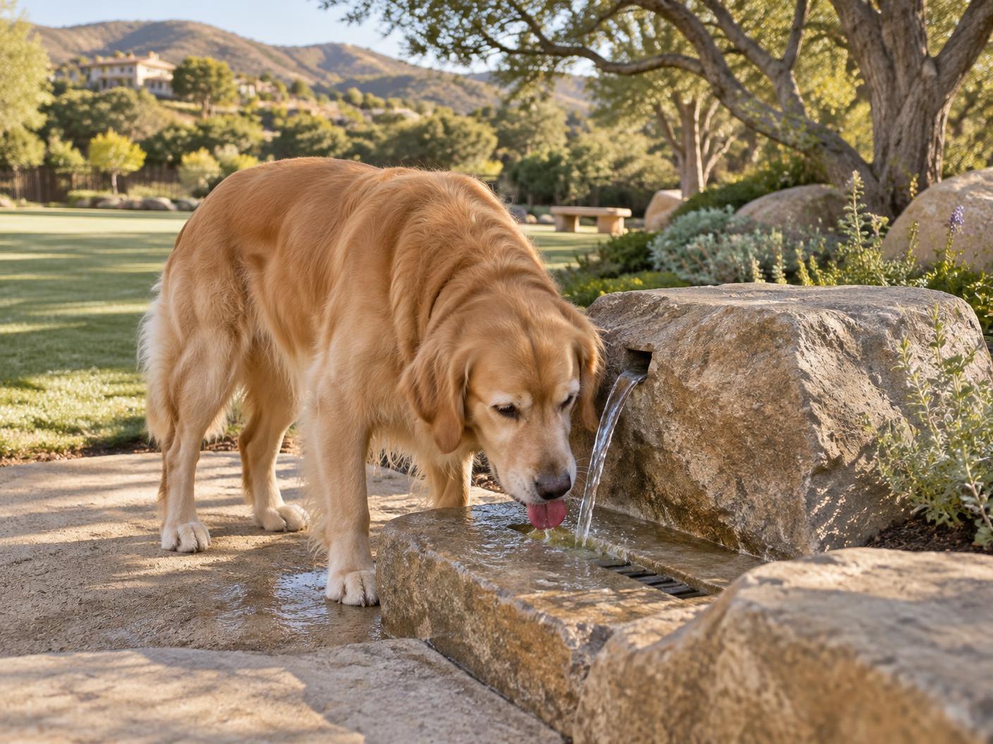 Golden Retriever drinking fresh water from a low natural-stone drain-away water station